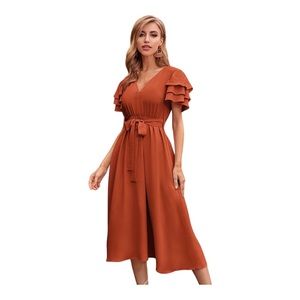 burnt orange v-neck tie waist tiered flutter sleeve midi dress size medium